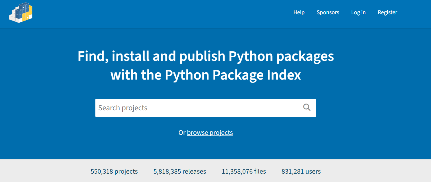 Screenshot of the main landing page of PyPI.