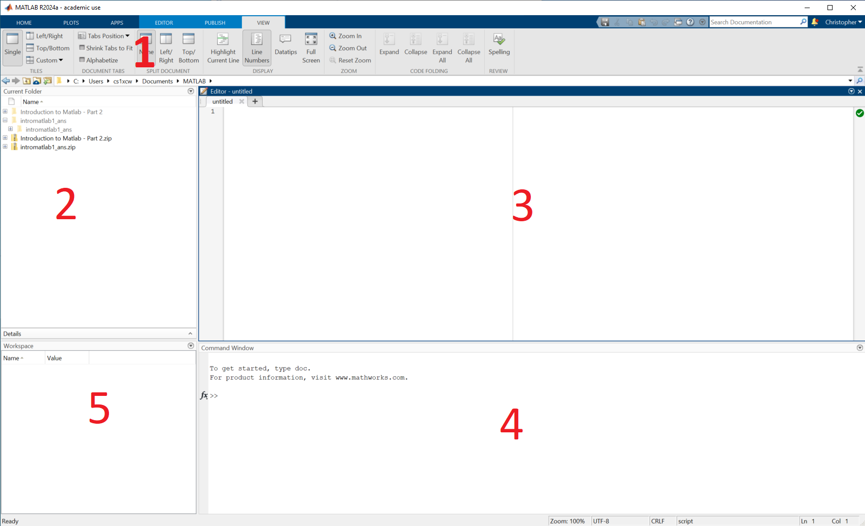 A screenshot of the MATLAB application with red numbers annotating the major areas of the application which are detailed in the main body